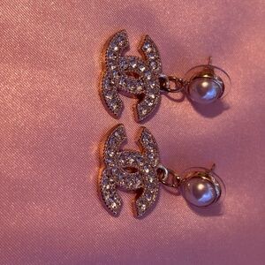 CHANEL Authentic All Crystal Classic CC Logo Earrings Gold